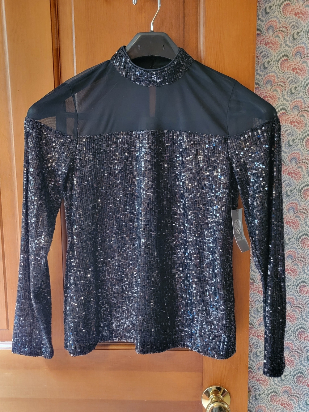 NWT Vince Camuto XS Twinkle & Glow Black Sequin Illusion Mock Neck Top